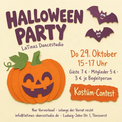 Flyer zur Halloween Party Kids am Donnerstag, 29. Oktober 2026 bei LaTinas Dancestudio, 15 bis 17 Uhr, mit Kostüm-Contest