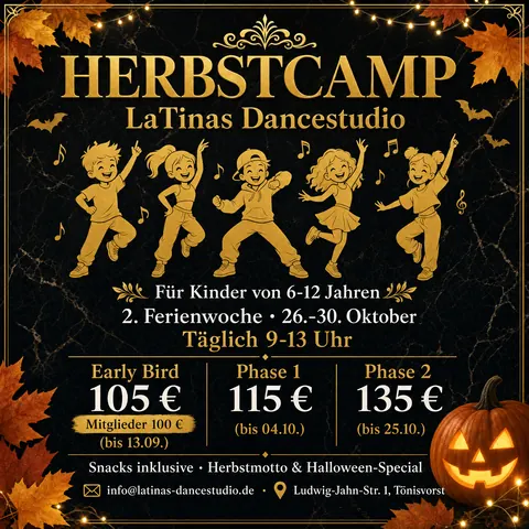 Flyer zum Herbstcamp von LaTinas Dancestudio vom 26. bis 30. Oktober 2026, täglich 9 bis 13 Uhr, für Kinder von 6 bis 12 Jahren