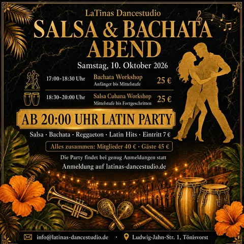Flyer zum Salsa & Bachata Abend am Samstag, 10. Oktober 2026 bei LaTinas Dancestudio: Workshops ab 17 Uhr, Latin Party ab 20 Uhr