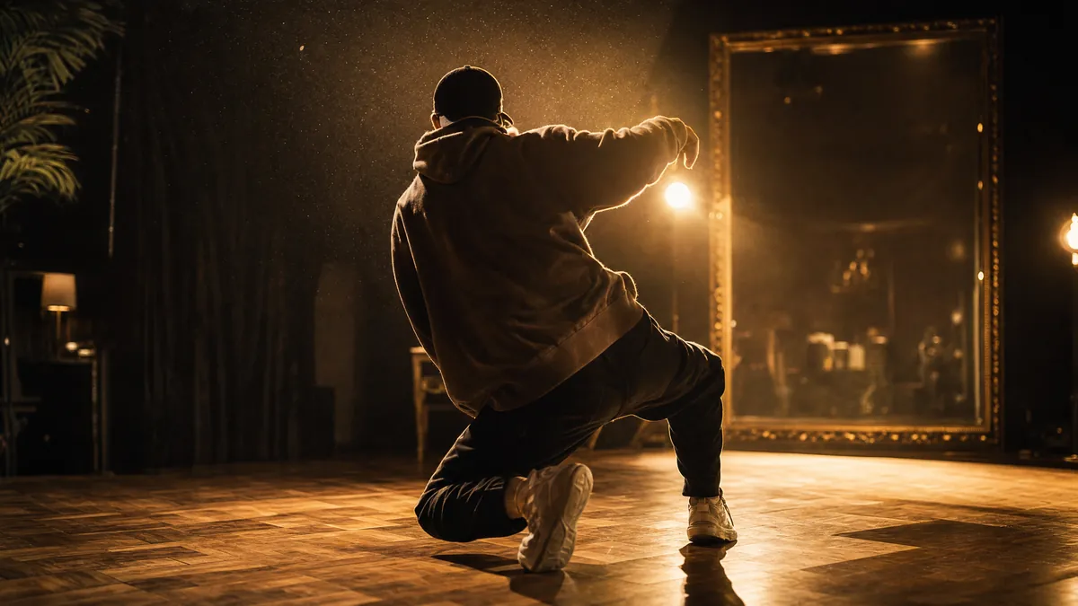 Jugendlicher im Hoodie in einer HipHop-Freeze-Pose im Gegenlicht