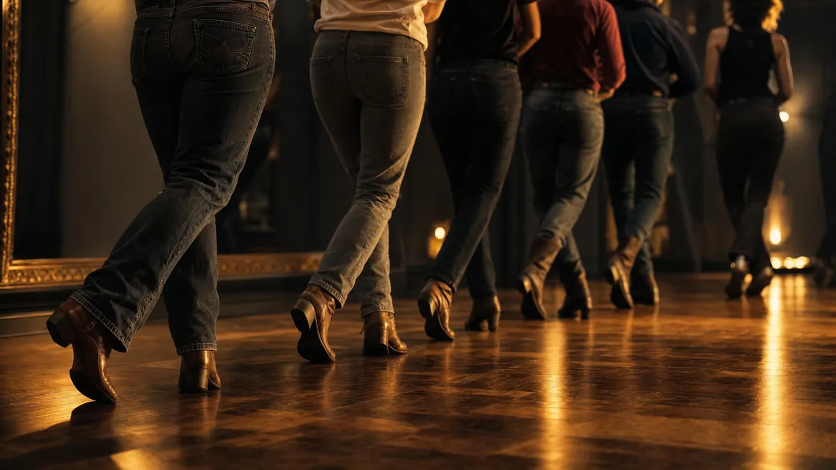 Reihe von Line-Dance-Tänzern in Stiefeln, alle im gleichen Schritt